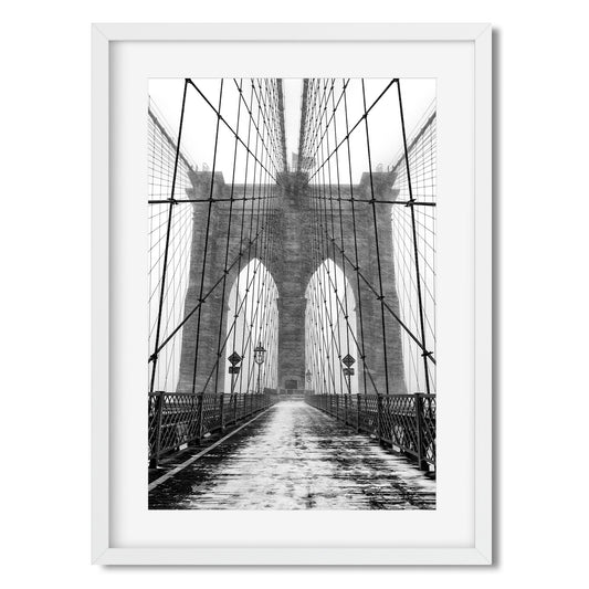 Black and white fine art print of Brooklyn Bridge in Blizzard New York City
