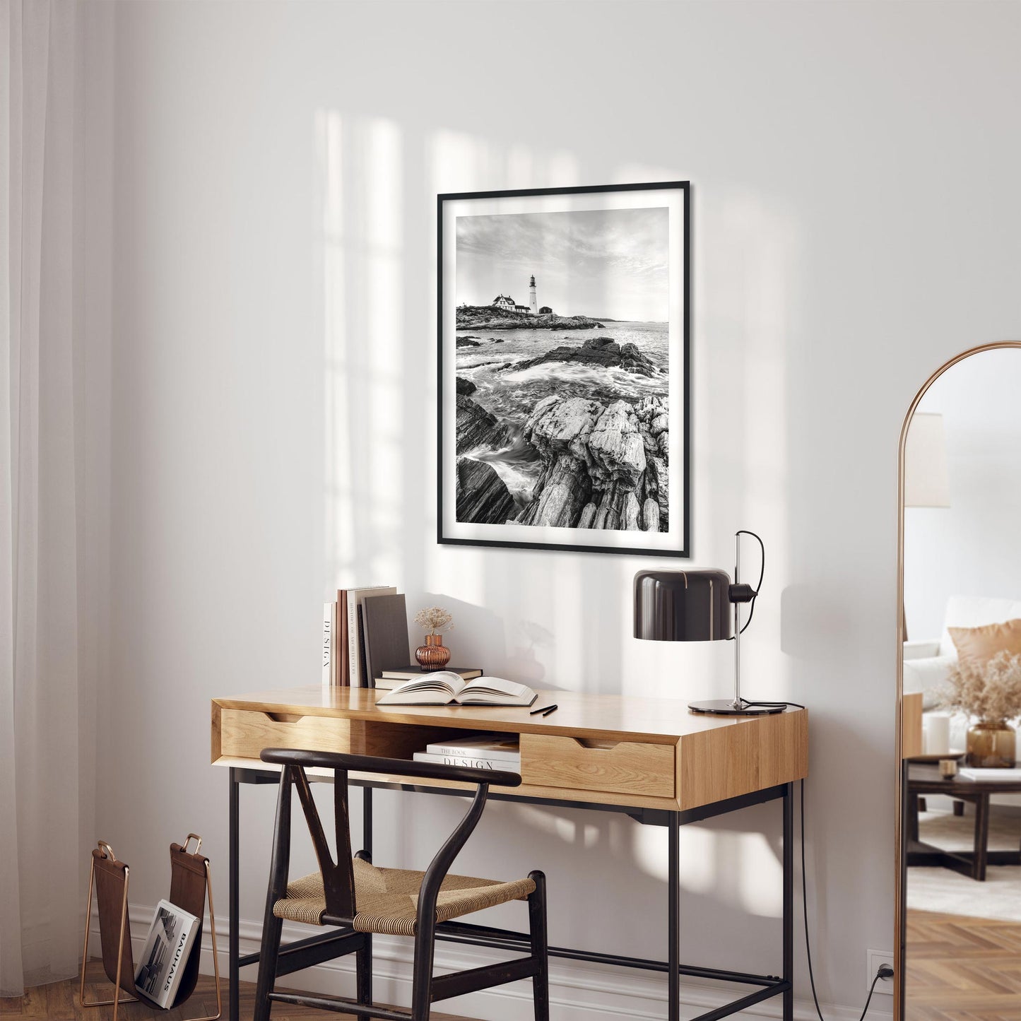 Black and white fine art print of Portland Head Light in Maine