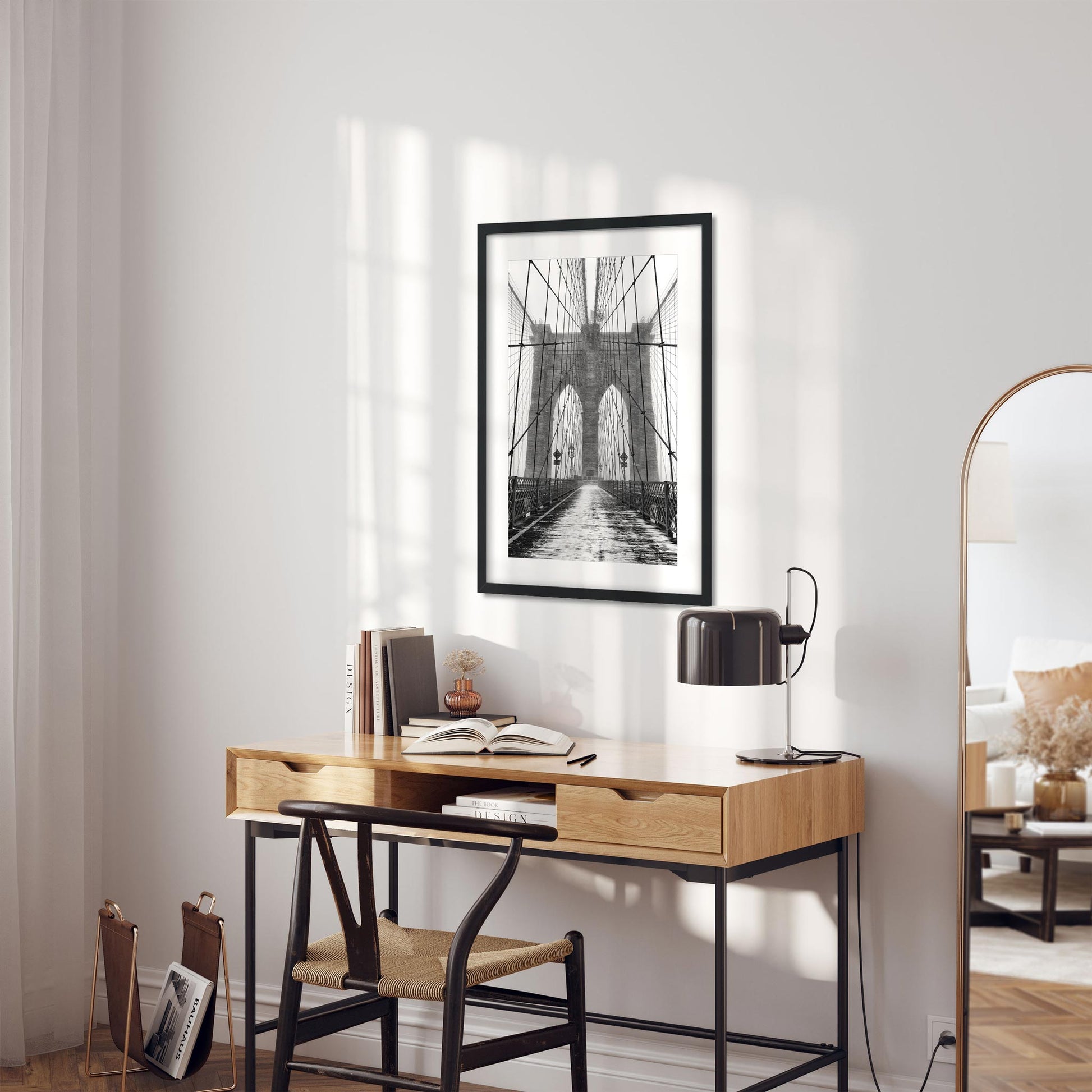 Black and white fine art print of Brooklyn Bridge in Blizzard New York City