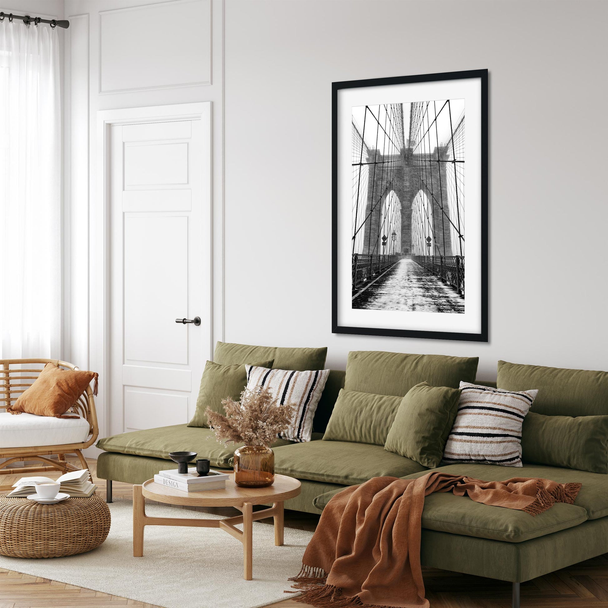 Black and white fine art print of Brooklyn Bridge in Blizzard New York City