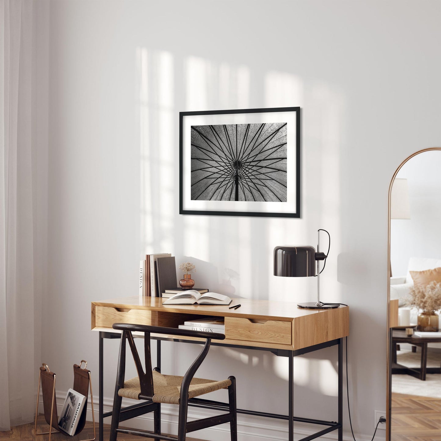 Black and white fine art print of Umbrella Brooklyn New York