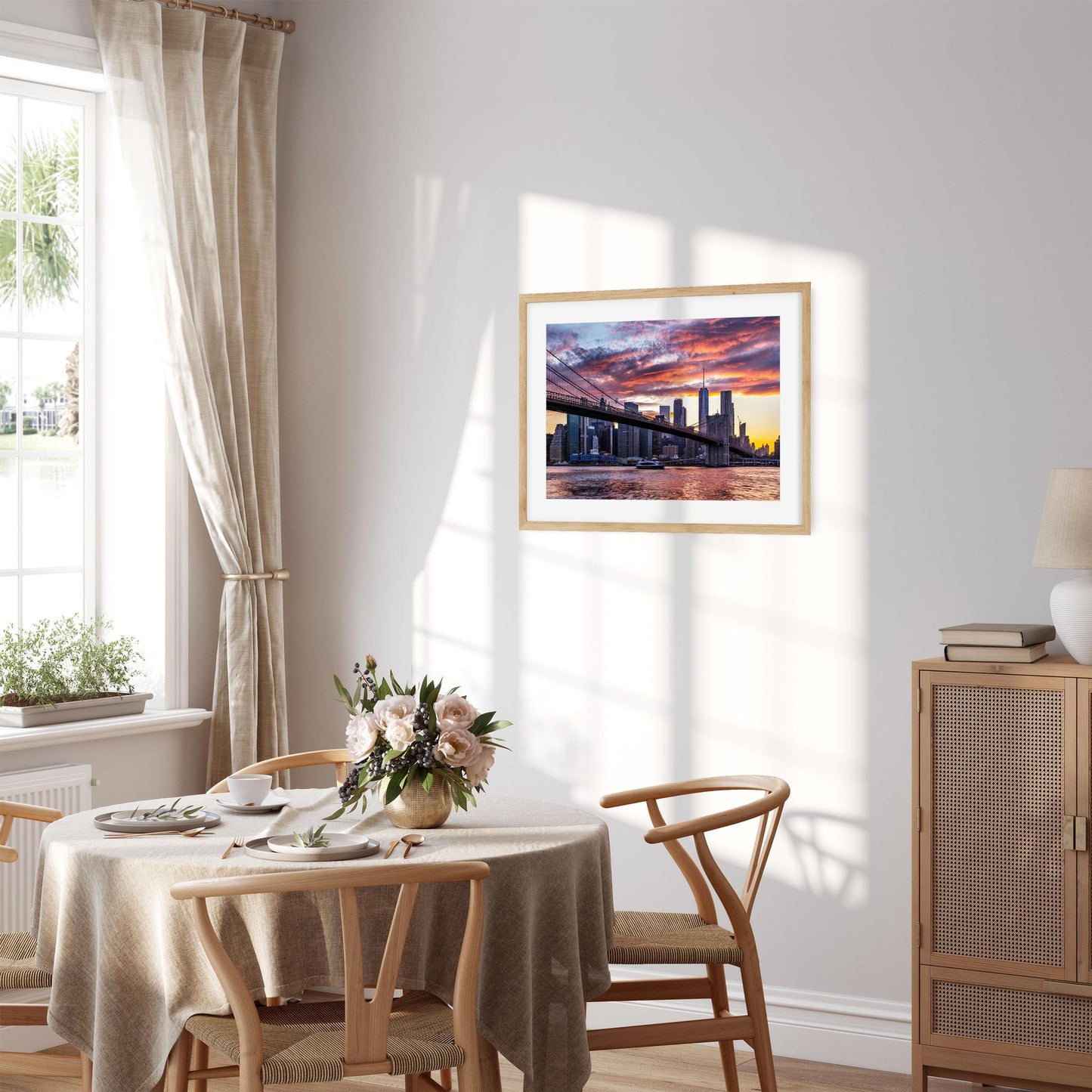 Fine art print of Amazing Sunset Color Over Lower Manhattan and Brooklyn Bridge NYC