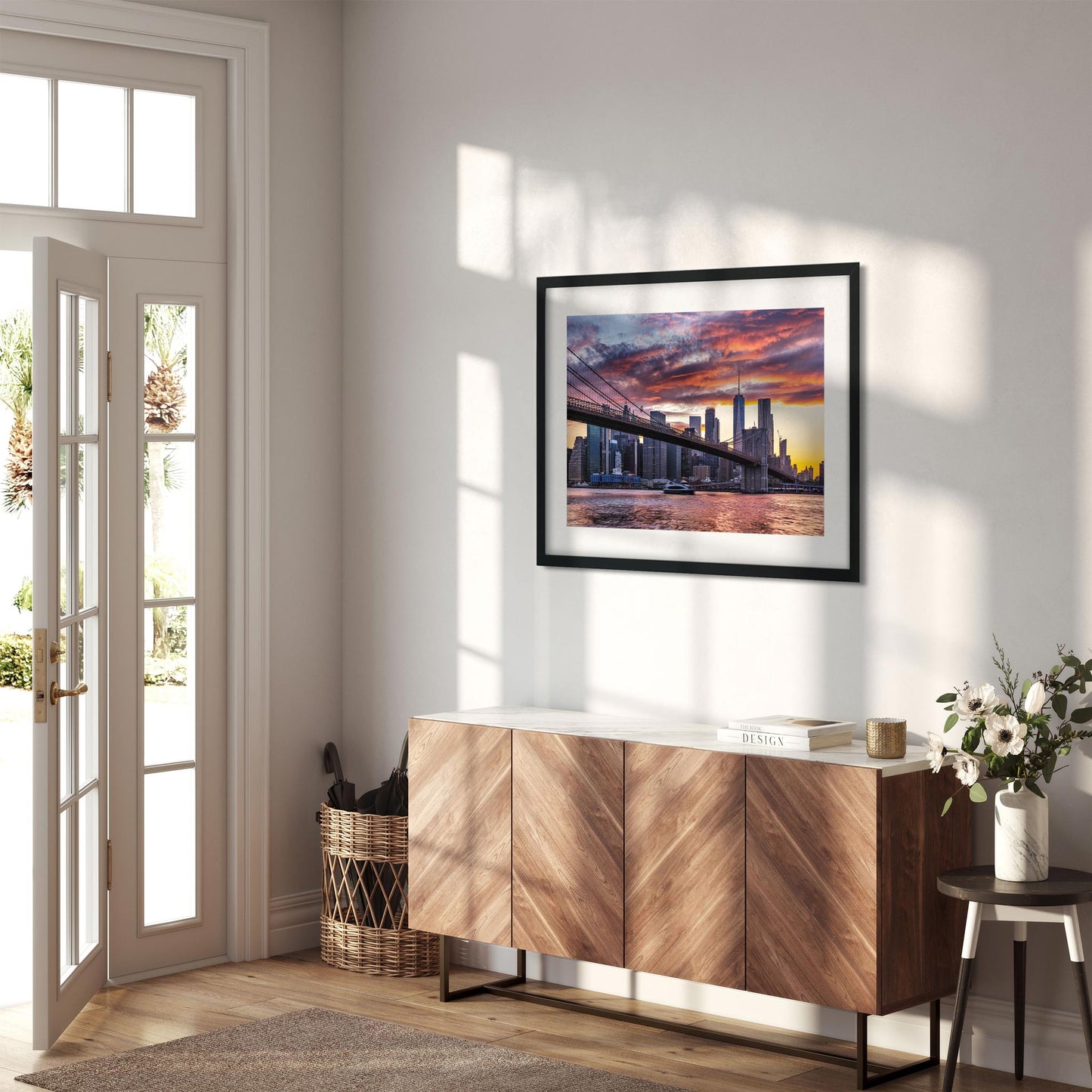 Fine art print of Amazing Sunset Color Over Lower Manhattan and Brooklyn Bridge NYC