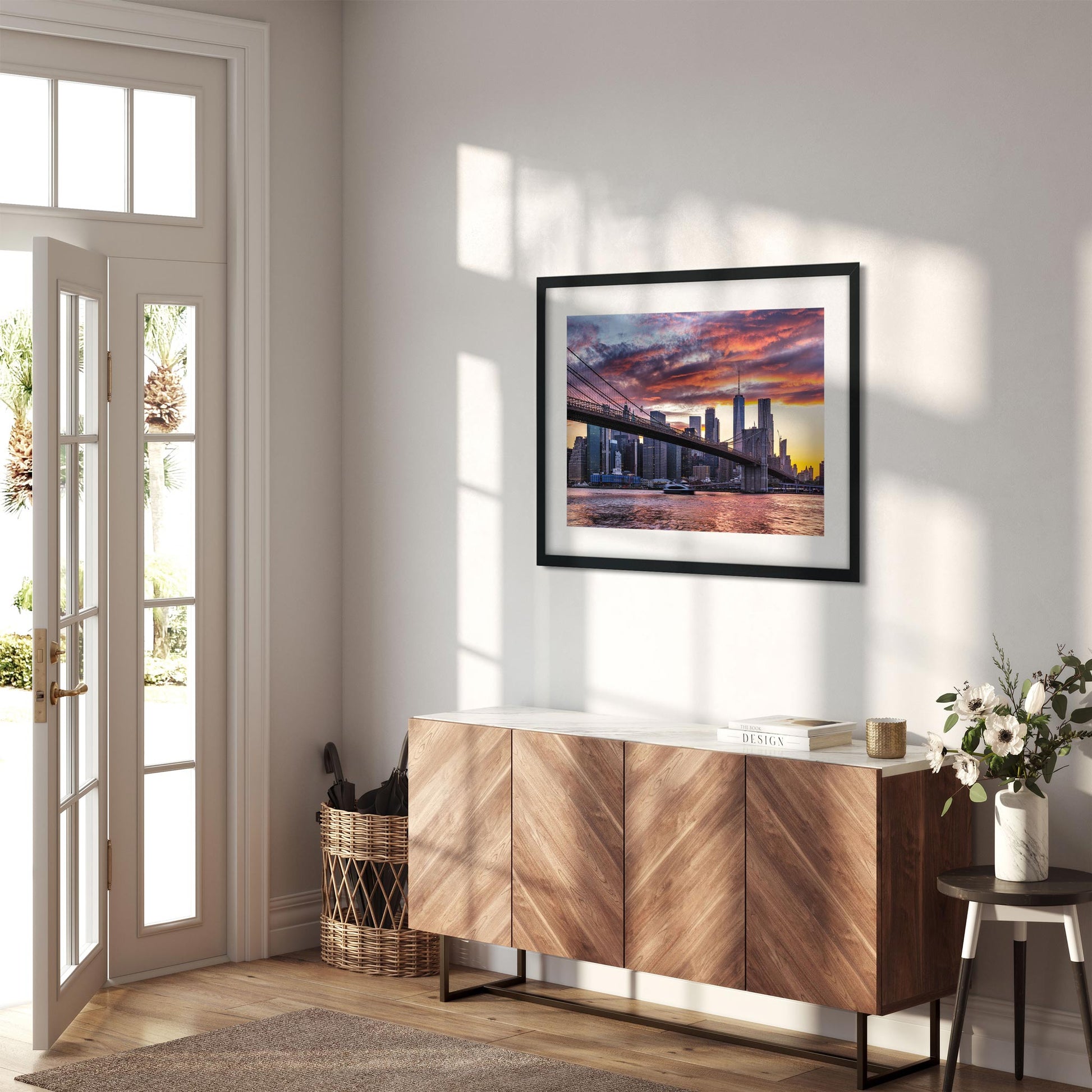 Fine art print of Amazing Sunset Color Over Lower Manhattan and Brooklyn Bridge NYC