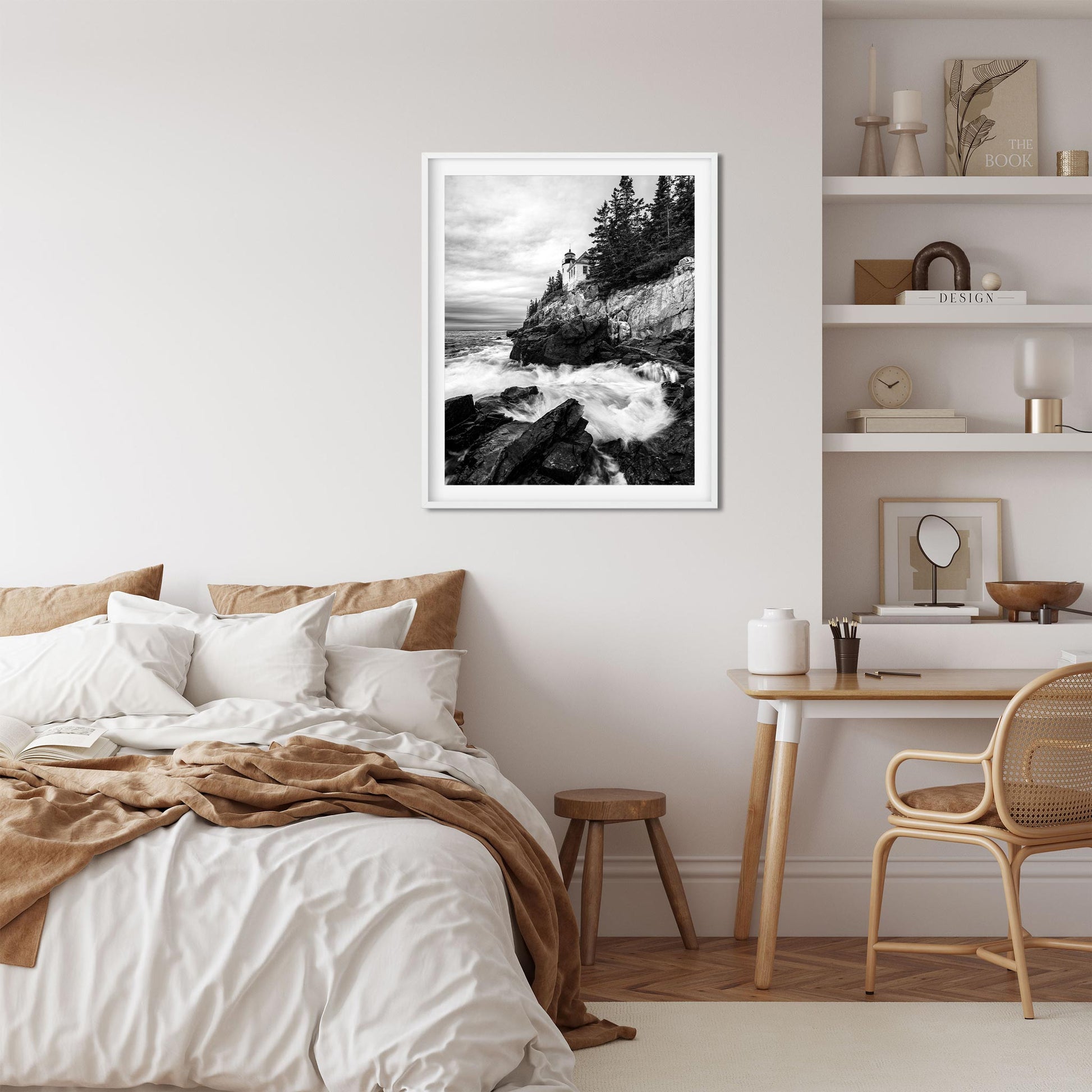 Black and white fine art print of Rainy Morning at Bass Harbor Head Light in Maine