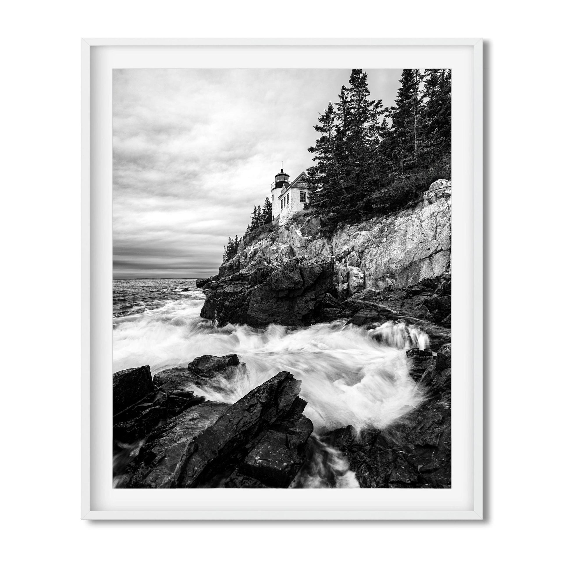 Black and white fine art print of Rainy Morning at Bass Harbor Head Light in Maine