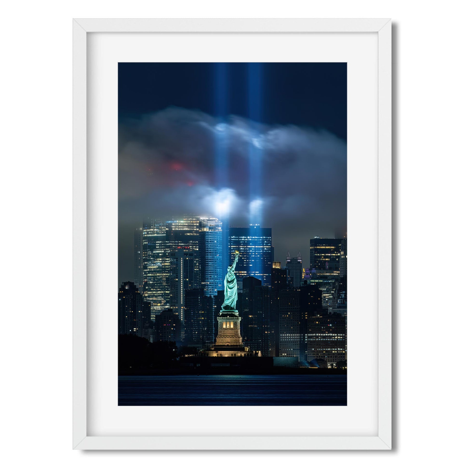 Fine art print of 911 Tribute in Light and Statue of Liberty NYC