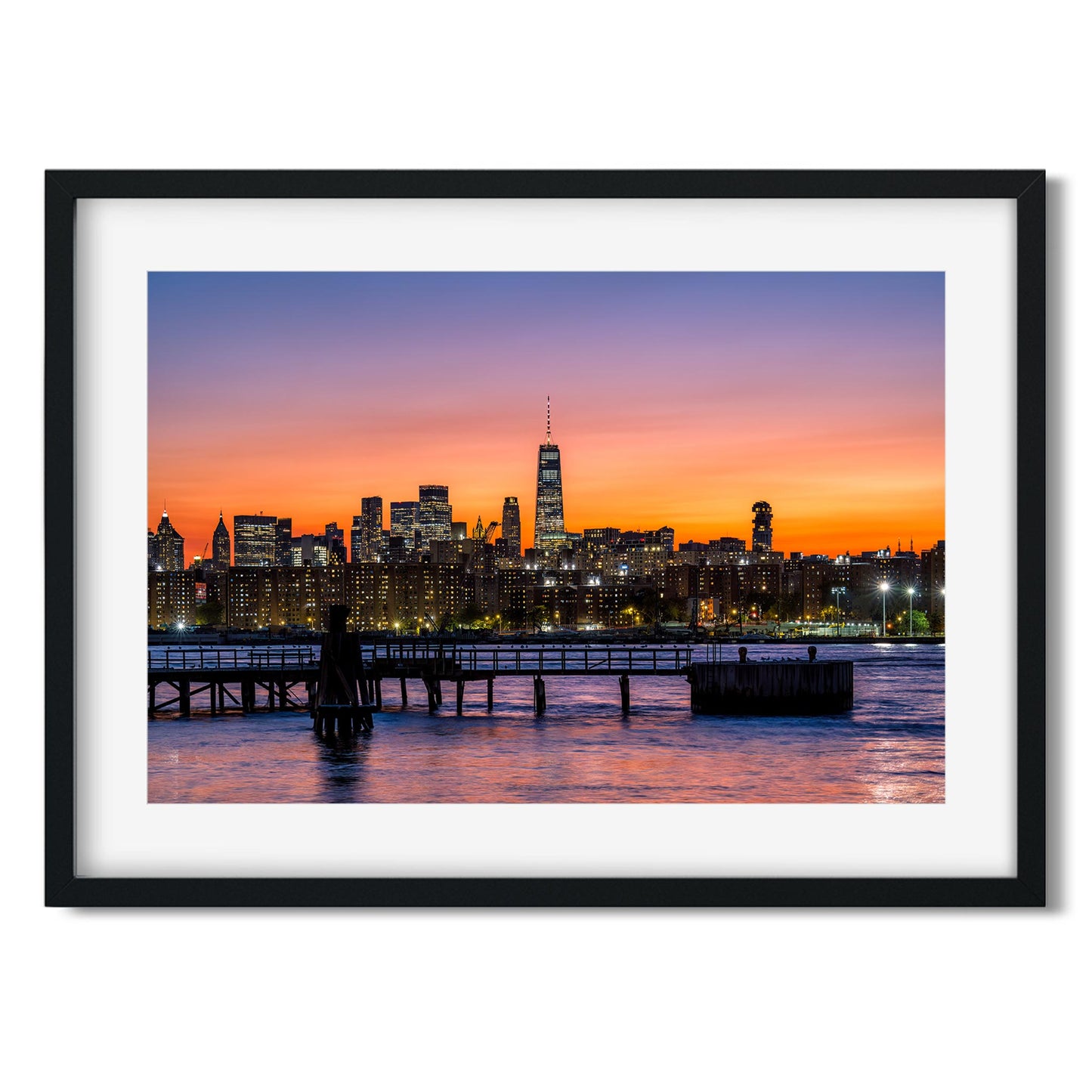 Fine art print of Orange Sunset Color Splash on East River and Lower East Manhattan New York City