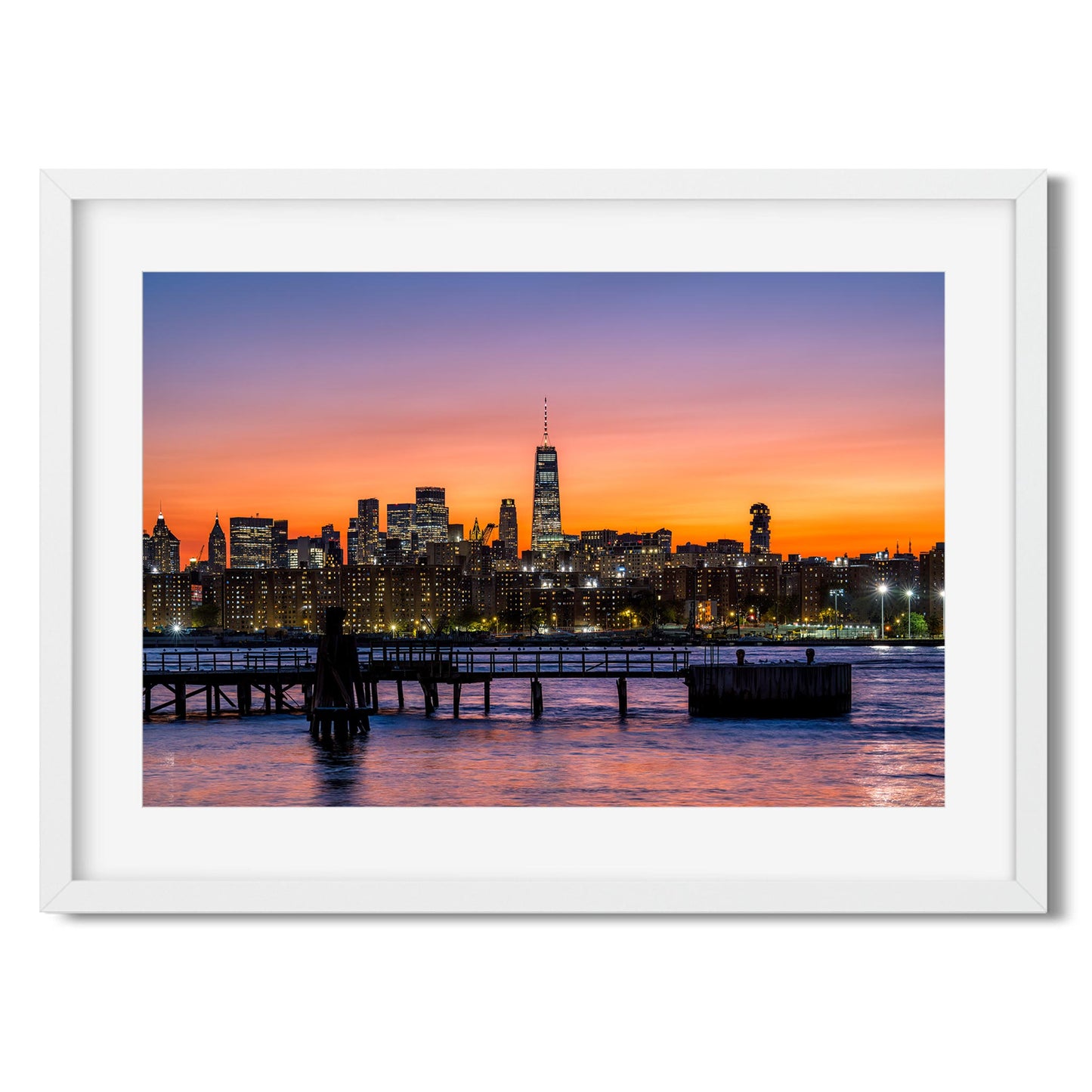 Fine art print of Orange Sunset Color Splash on East River and Lower East Manhattan New York City