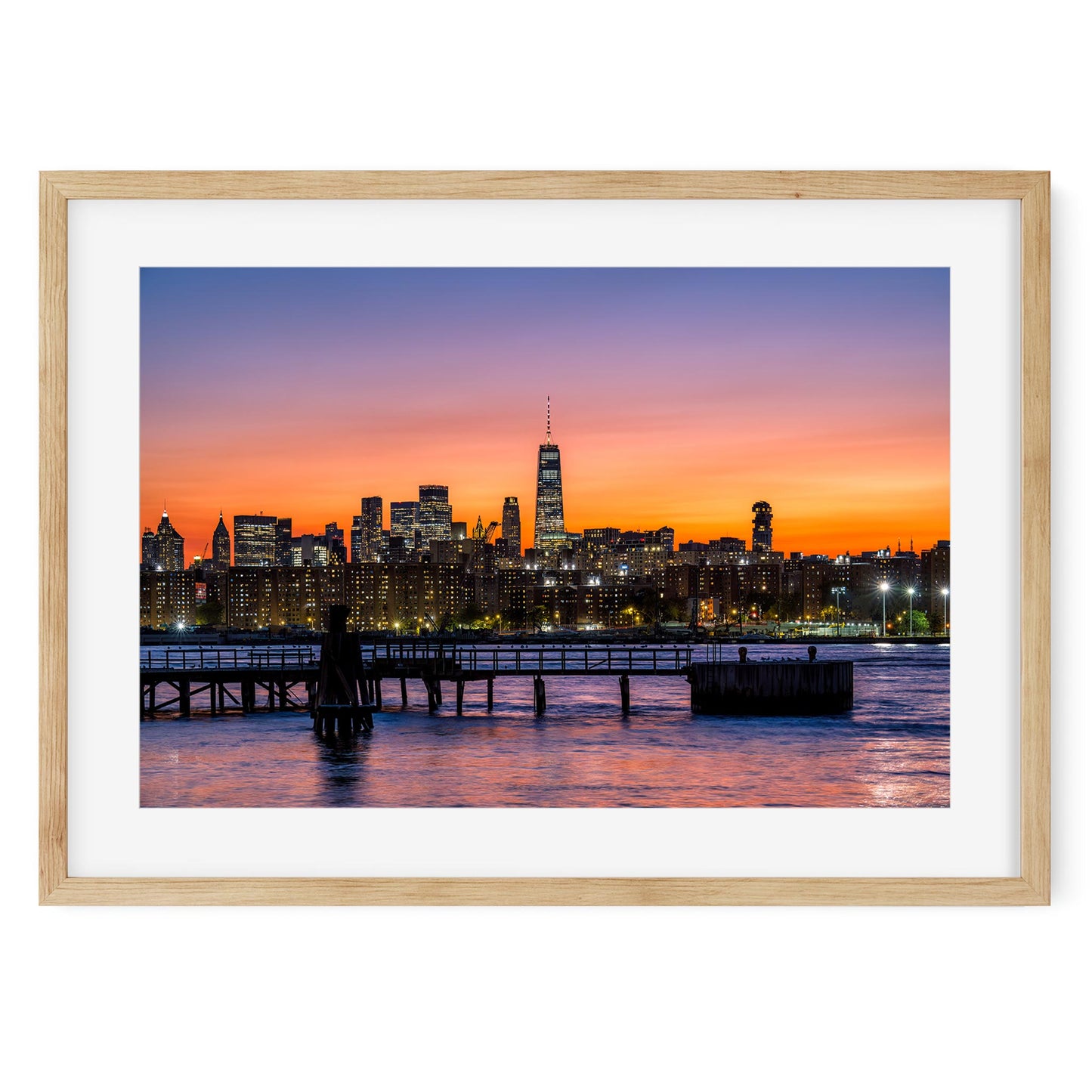 Fine art print of Orange Sunset Color Splash on East River and Lower East Manhattan New York City