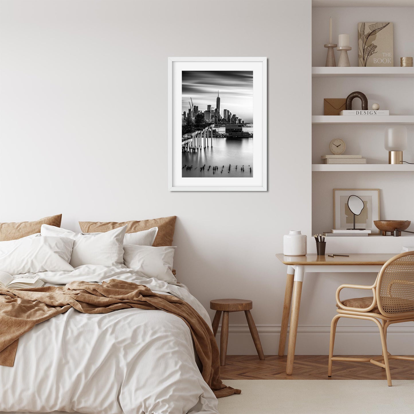 New York Cityscape Photography Black and White Fine Art Print of Little Island and Lower Manhattan Skyline