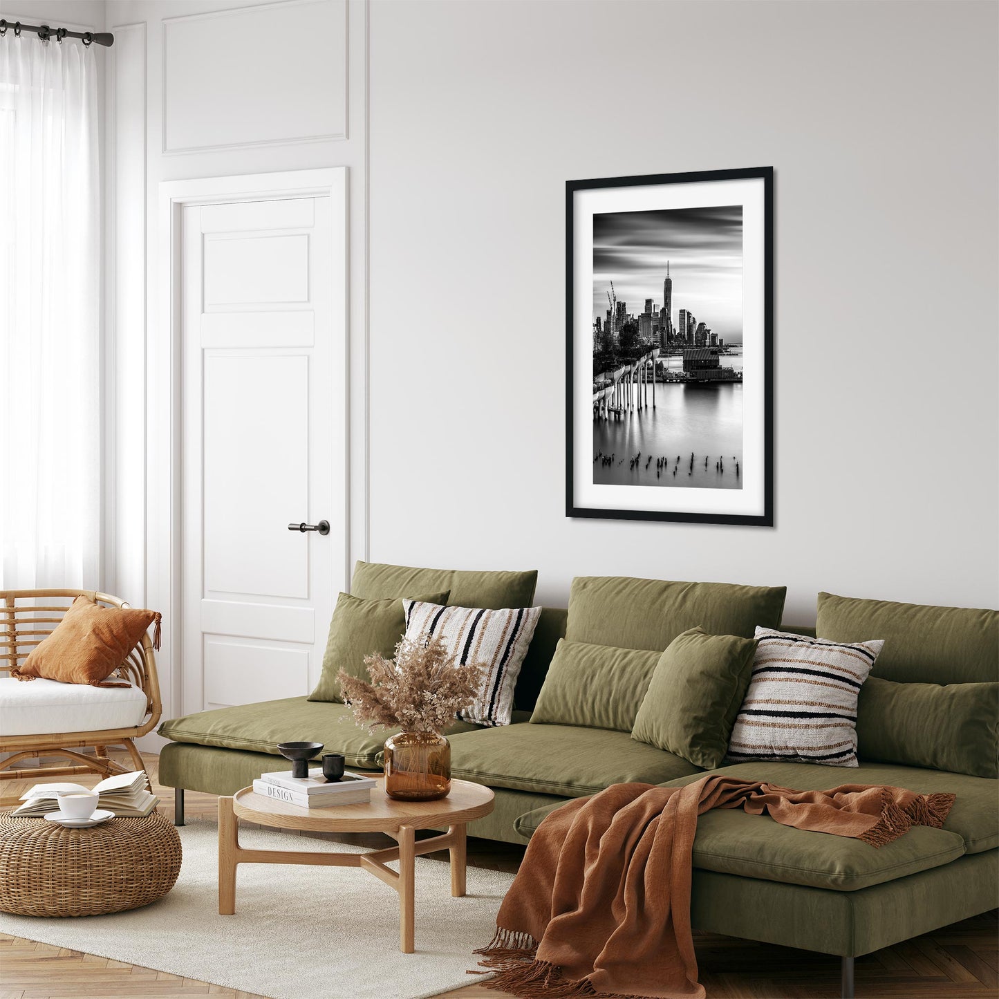 New York Cityscape Photography Black and White Fine Art Print of Little Island and Lower Manhattan Skyline