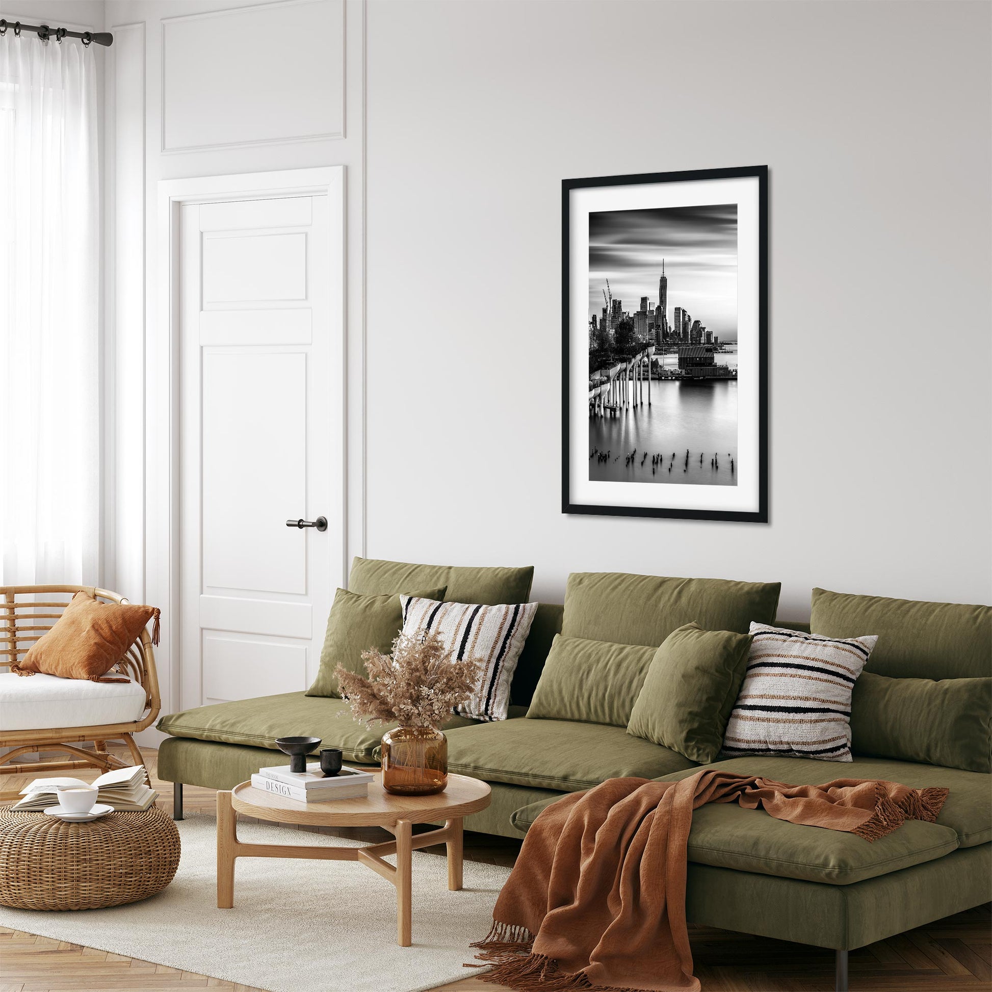 New York Cityscape Photography Black and White Fine Art Print of Little Island and Lower Manhattan Skyline