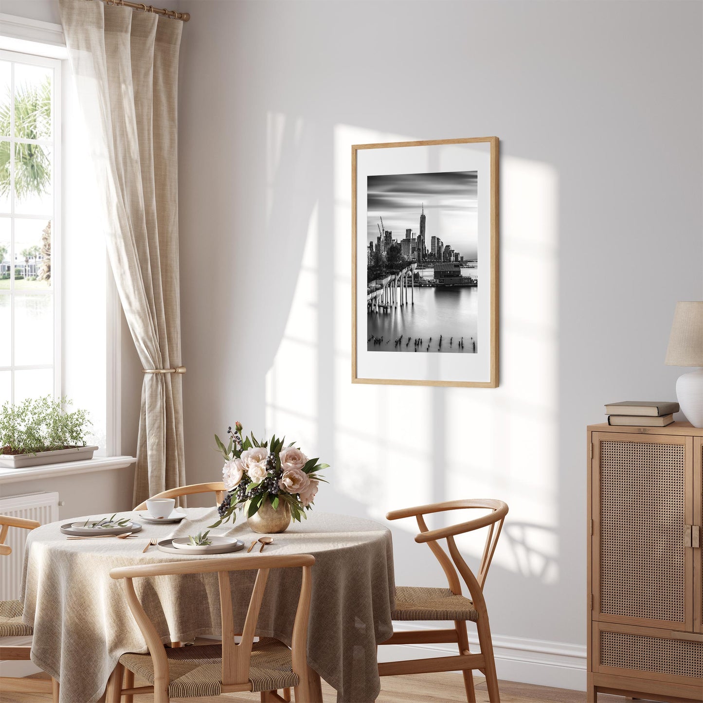 New York Cityscape Photography Black and White Fine Art Print of Little Island and Lower Manhattan Skyline