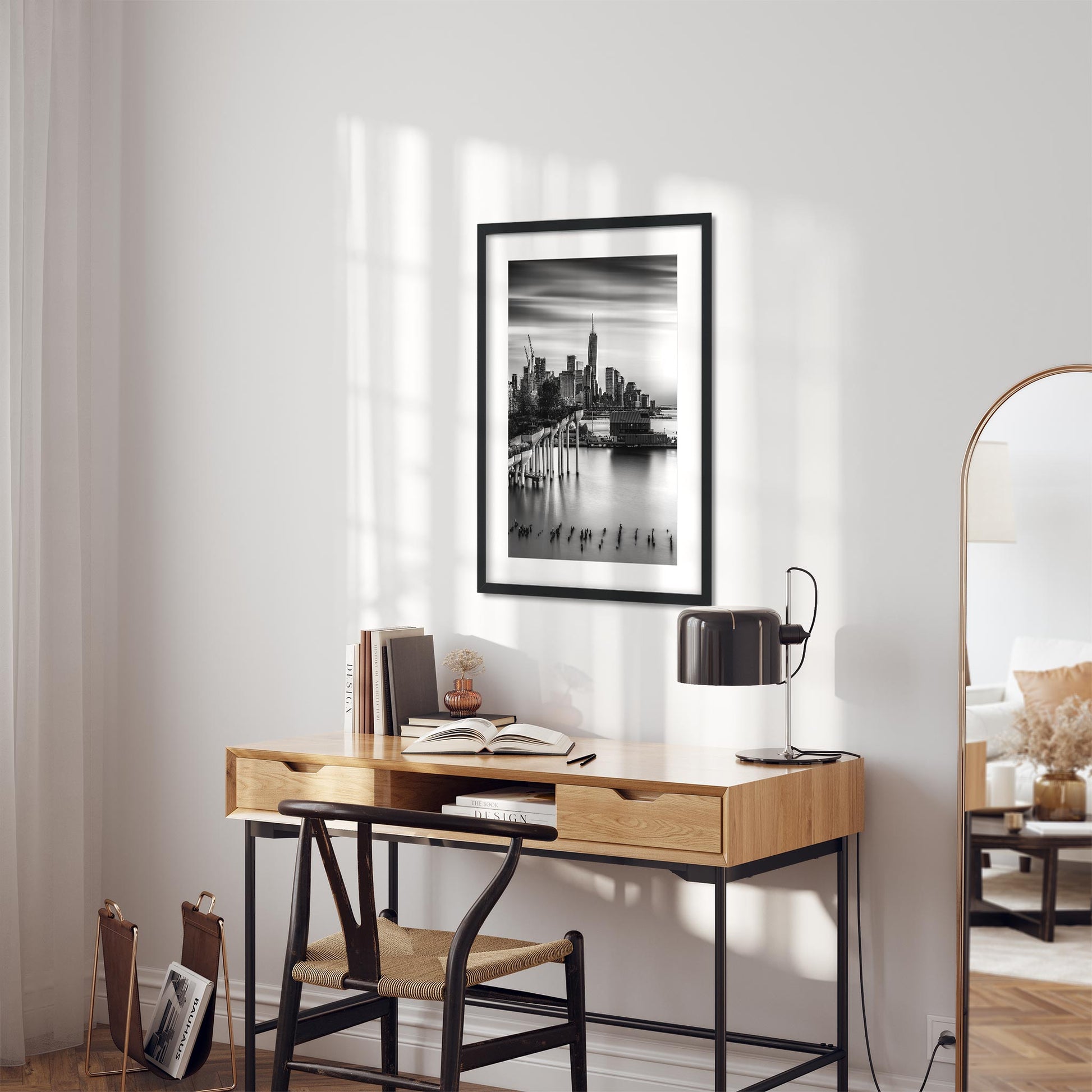 New York Cityscape Photography Black and White Fine Art Print of Little Island and Lower Manhattan Skyline