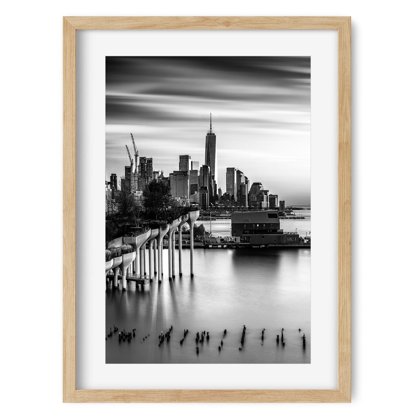 New York Cityscape Photography Black and White Fine Art Print of Little Island and Lower Manhattan Skyline