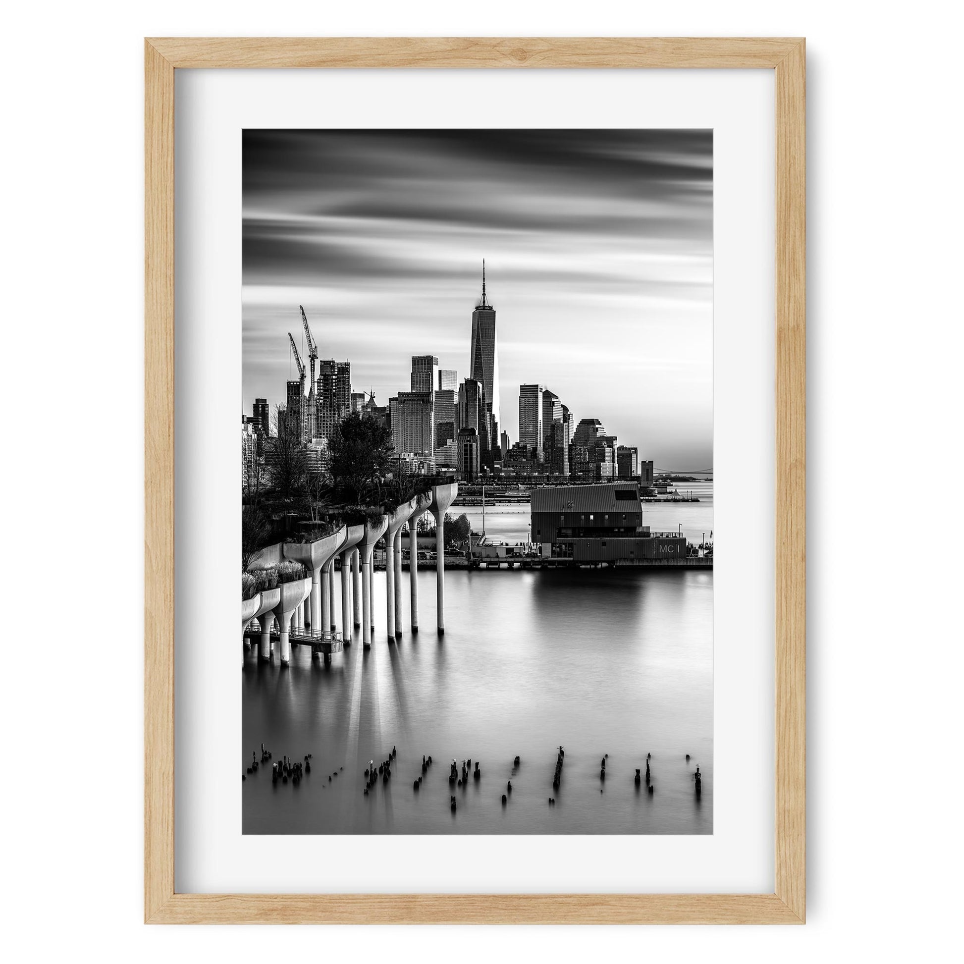New York Cityscape Photography Black and White Fine Art Print of Little Island and Lower Manhattan Skyline